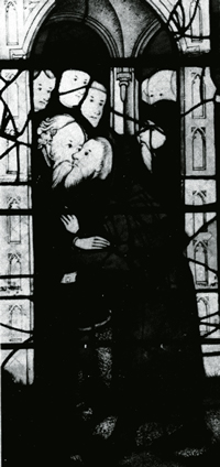 Members of the Ludlow Palmer's Guild in the late Middle Ages, as portrayed in a window in St John's Chapel in the parish church. They are greeting two Palmers who had been successful in obtaining a royal charter for the guild.